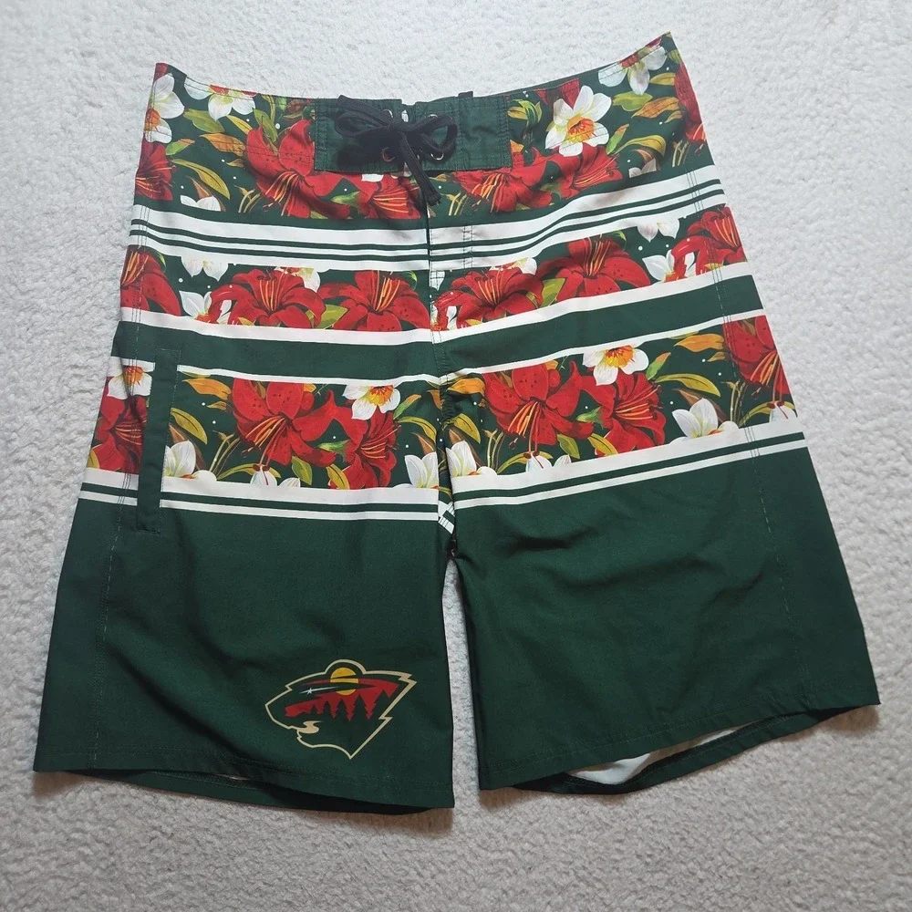 NHL Minnesota Wild Mens Size 36 Swim Trunks Board Shorts Floral Team Colorblock